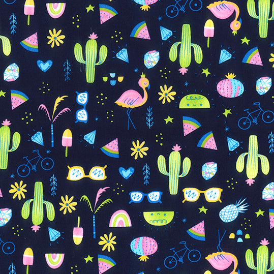 Swatch of summer cactus 100% cotton poplin fabric by rose and hubble in navy blue