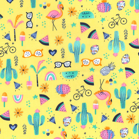 Swatch of summer cactus 100% cotton poplin fabric by rose and hubble in yellow
