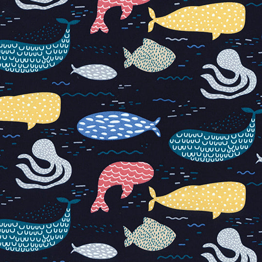 Swatch of ocean fish fabric in 100% cotton poplin navy blue
