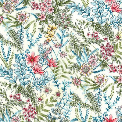 Swatch of garden floral fabric in 100% cotton poplin by Rose and Hubble in ivory