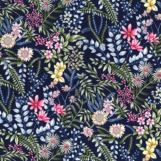 Swatch of garden floral fabric in 100% cotton poplin by Rose and Hubble in navy