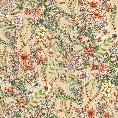 Swatch of garden floral fabric in 100% cotton poplin by Rose and Hubble in wheat brown