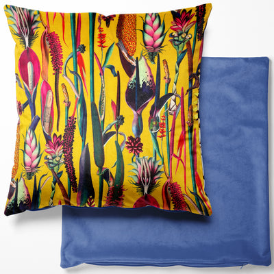 Botanical Ochre velvet Cushion Cover with plain blue back