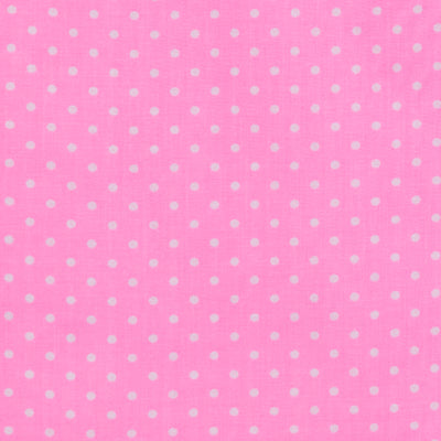 Swatch of fun and classic, bright polka dots in white on polycotton fabric in neon pink