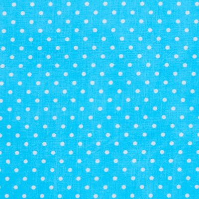 Swatch of fun and classic, bright polka dots in white on polycotton fabric in turquoise blue