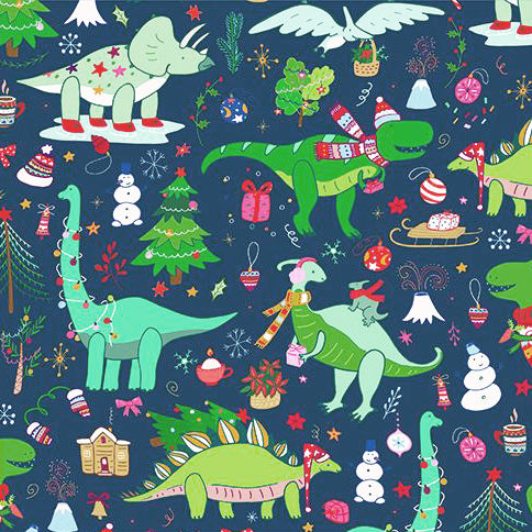 Swatch of navy blue Christmas dinosaurs with presents and trees 100% cotton poplin fabric