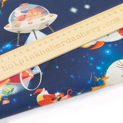 Navy Blue Flying Father Christmas spaceship night sky 100% cotton poplin fabric