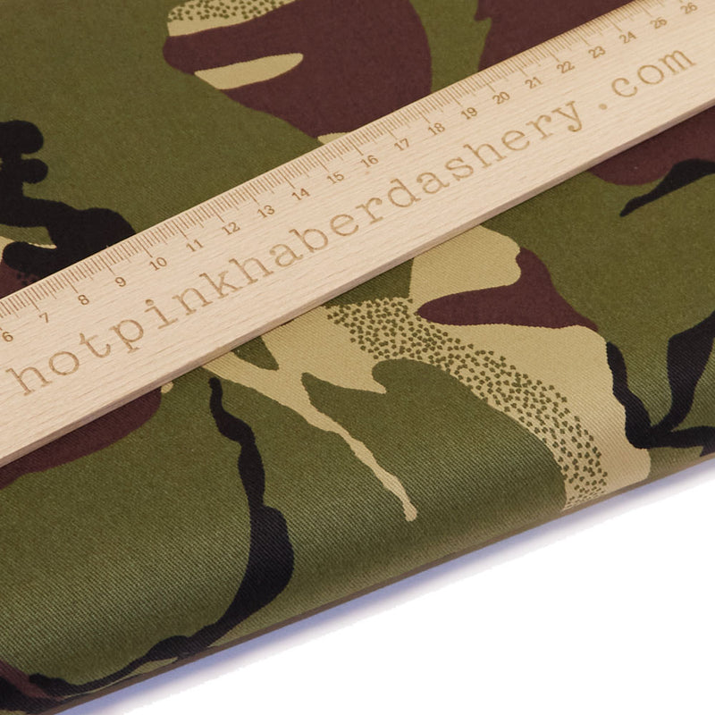 Classic green and brown jungle camouflage print 100% cotton poplin drill fabric. 