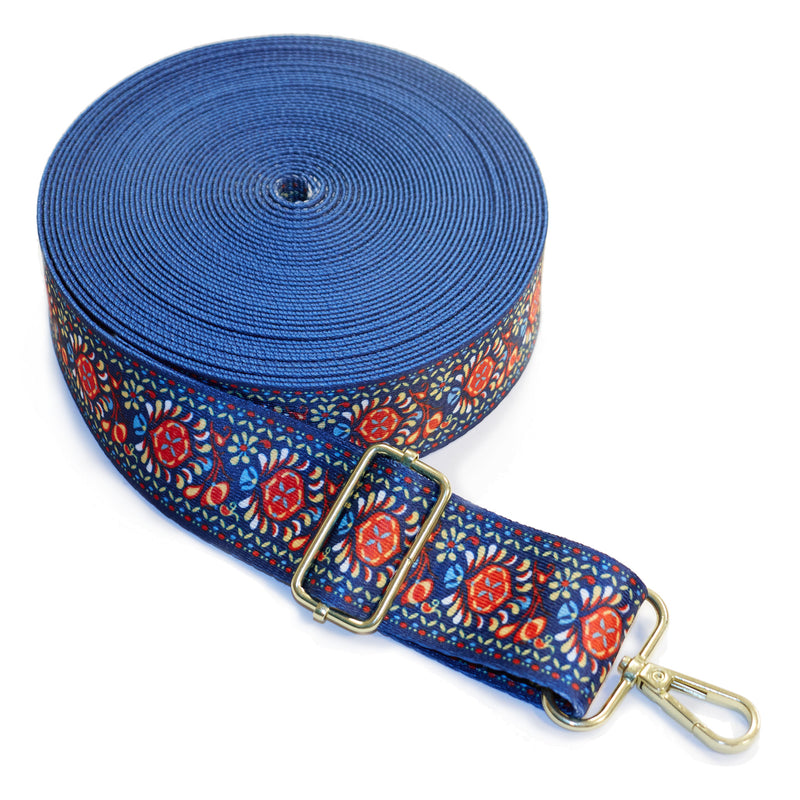 Scandi floral navy blue, red and yellow polyester webbing 38mm