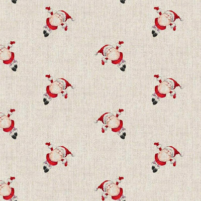 Swatch of Flying santas Christmas cotton linen look fabric by Chatham Glyn