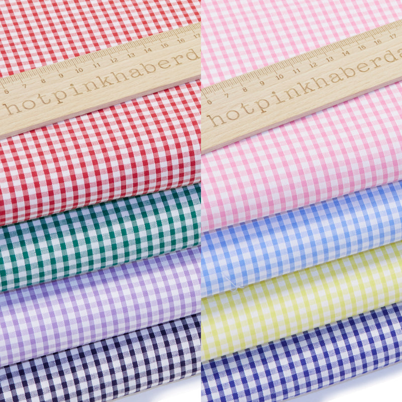 Classic 1/8" gingham fabric printed polycotton fabric in Yellow, Pink, Lilac, Pale Blue, Red, Royal Blue, Navy & Emerald.
