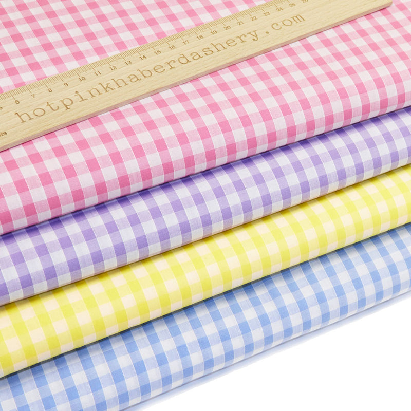 Classic 1/4" gingham fabric, printed polycotton fabric in Yellow, Pink, Lilac & Blue