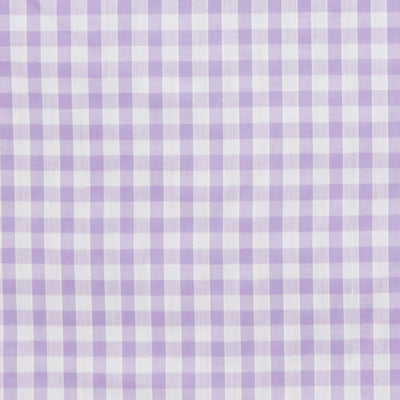 Swatch of classic 1/4" gingham fabric, printed polycotton fabric in white and lilac purple