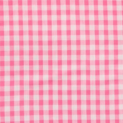 Swatch of classic 1/4" gingham fabric, printed polycotton fabric in white and pink
