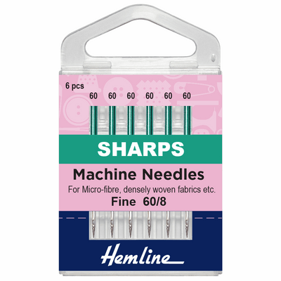 Hemline Sharps fine 60/8 sewing machine needles for micro-fibre, densely woven fabrics.