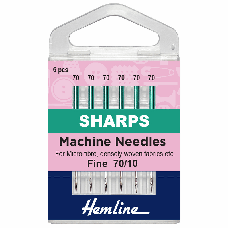 Hemline Sharps fine 70/10 sewing machine needles for micro-fibre, densely woven fabrics.