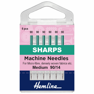Hemline Sharps medium 90/14 sewing machine needles for micro-fibre, densely woven fabrics.