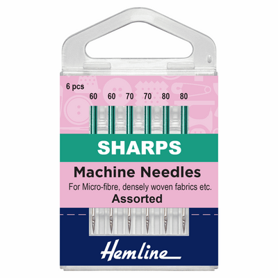 Hemline Sharps Assorted sewing machine needles for micro-fibre, densely woven fabrics.