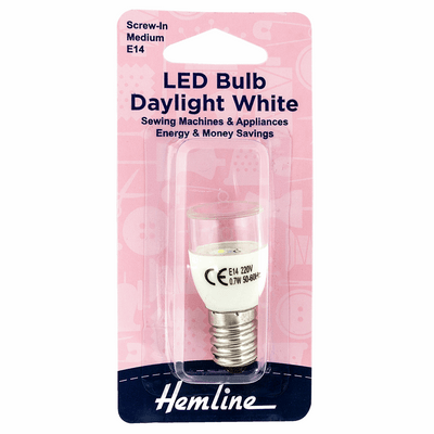 Hemline LED daylight white bulb for sewing machines and appliances, medium screw-in, 220V (E14) bulb.