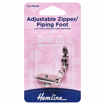 Hemline low shank adjustable zipper/piping foot for sewing machines.