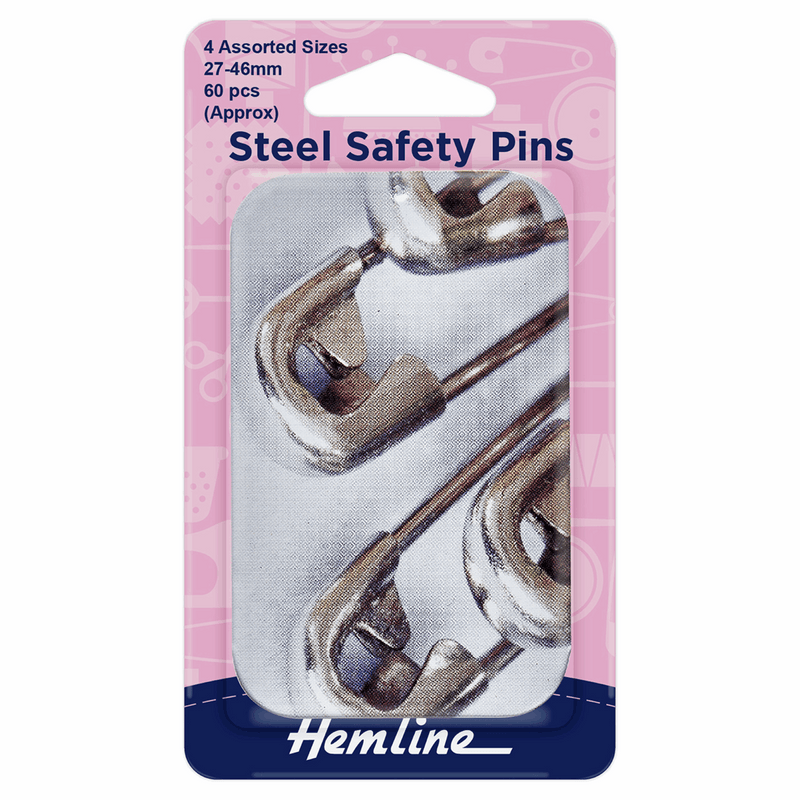 Hemline 60 safety pins in four different sizes;  27mm, 34mm, 38mm, 46mm, 15 pieces of each size.
