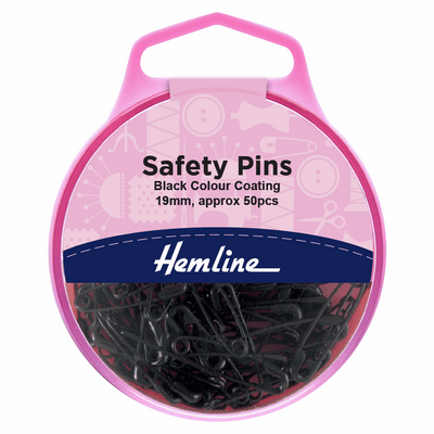 Cute Hemline 19mm safety pins with black coating with handy reusable storage box