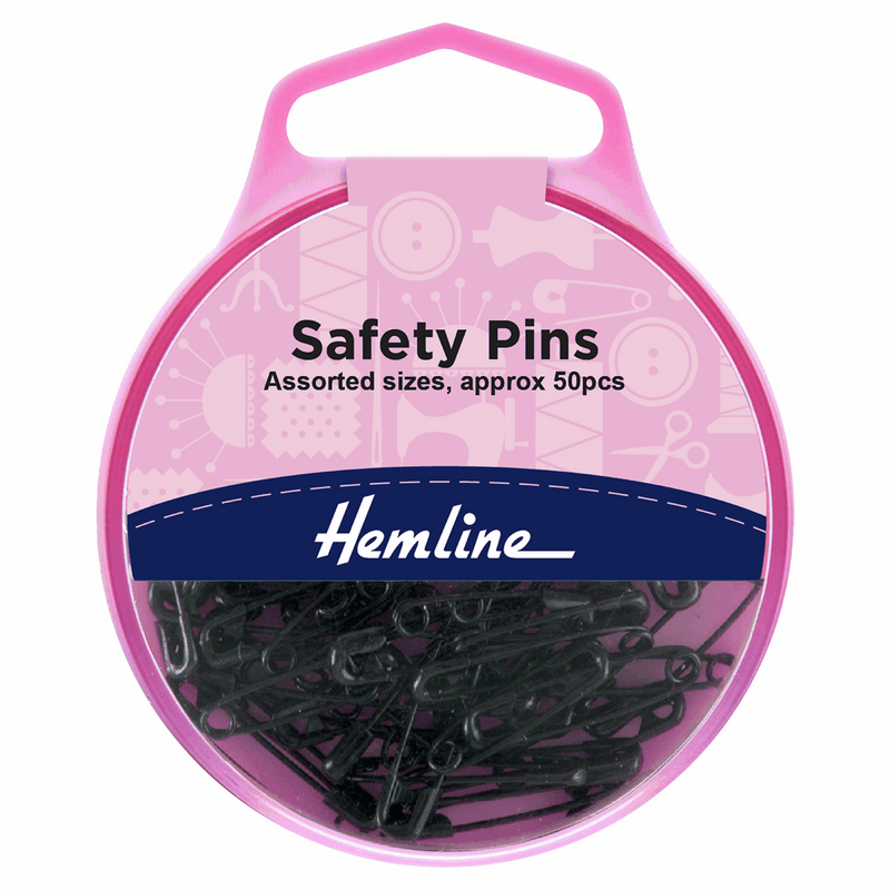 Cute Hemline 19mm and 23mm safety pins with black coating with handy reusable storage box.