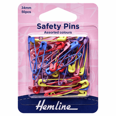 Hemline safety 34mm steel pins 5 coated assorted colours: red, blue, pink, yellow and purple.