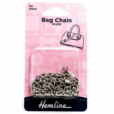Silver Hemline bag chain for handbags with attached clips 120cm