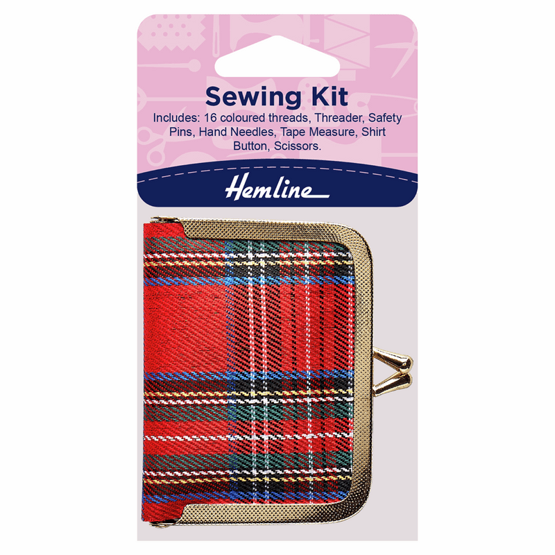 Hemline purse sewing kit with scissors, safety pins, assorted threads, needle and needle threader, tape measure, buttons