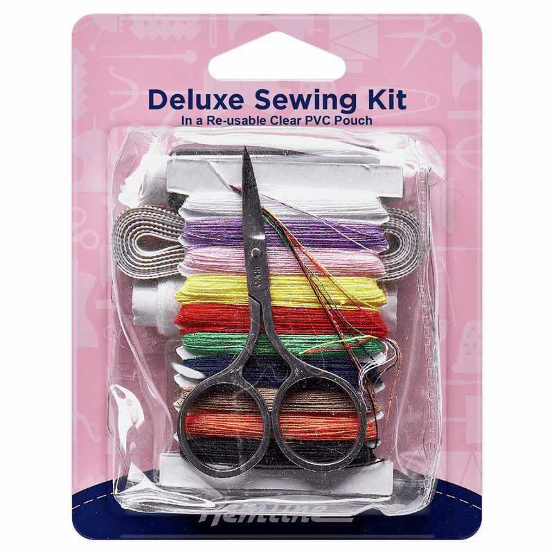 Deluxe Sewing Kit with PVC Pouch safety pins, buttons, assorted threads, metal scissors, needle threader, tape measure and snapwith