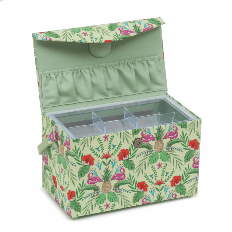 Fold Over Lid Sewing Basket in Tropical Lime green print with exotic flowers, flamingos and pineapples