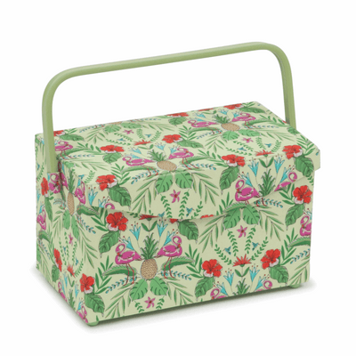 Fold Over Lid Sewing Basket in Tropical Lime green print with exotic flowers, flamingos and pineapples