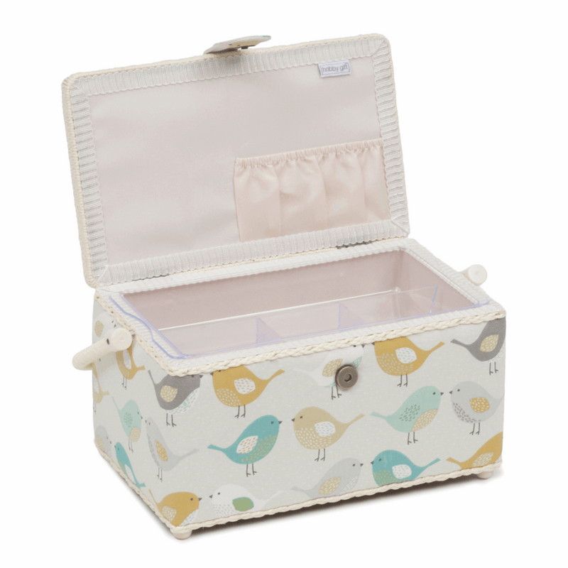 Medium Sewing Basket in pink with cute colourful Birds print