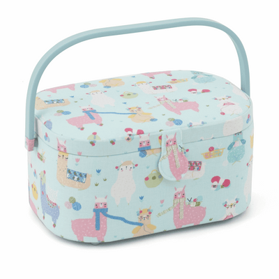 Blue Oval Sewing Basket with fun and colourful Knit Alpacas print and flowers