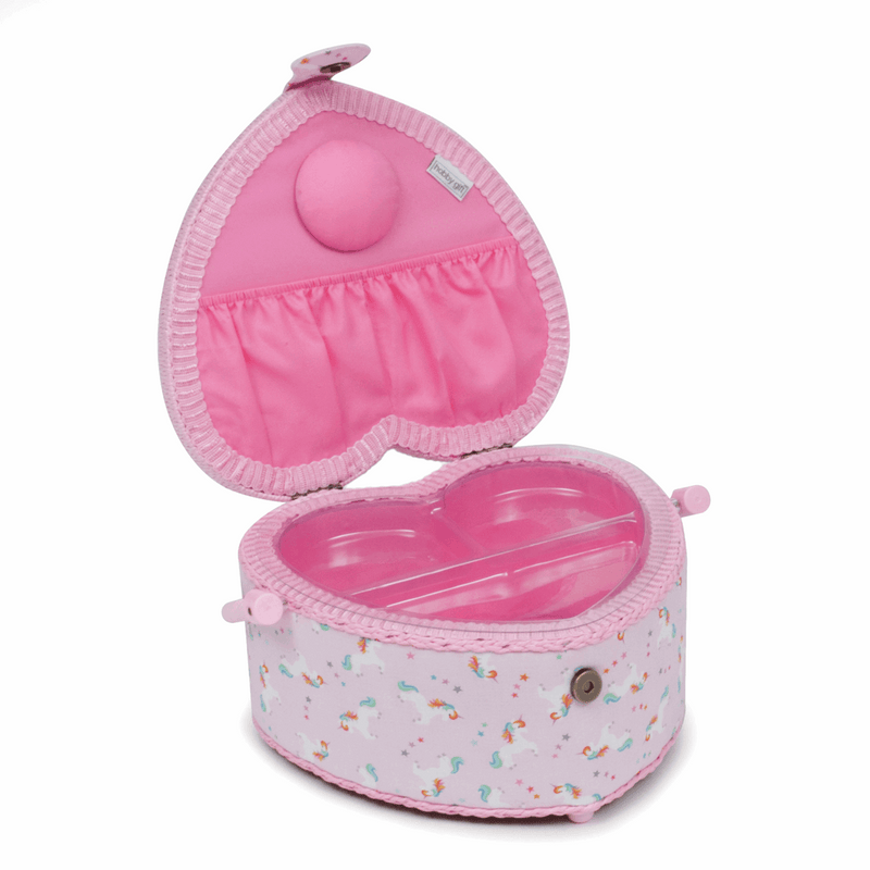 Medium Heart shaped Sewing Basket with cute Mini Unicorns and stars in pink and blue