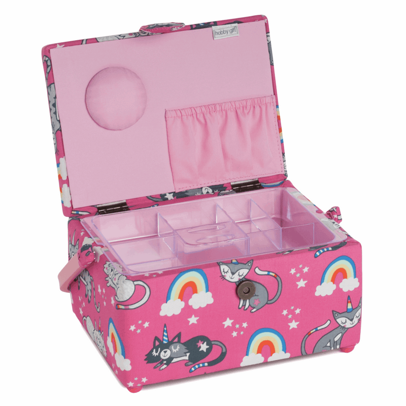 Medium Sewing Basket in cute pink Caticorn print with cat unicorns and rainbows