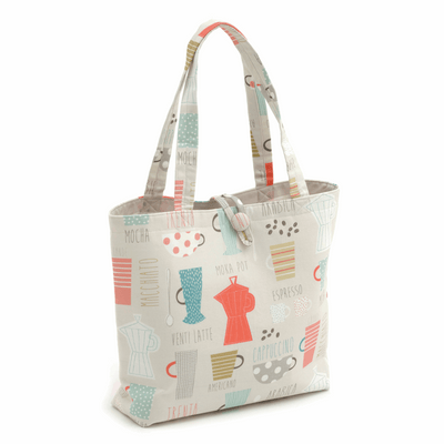 Craft shoulder americano bag in ivory with coffee house, barista print