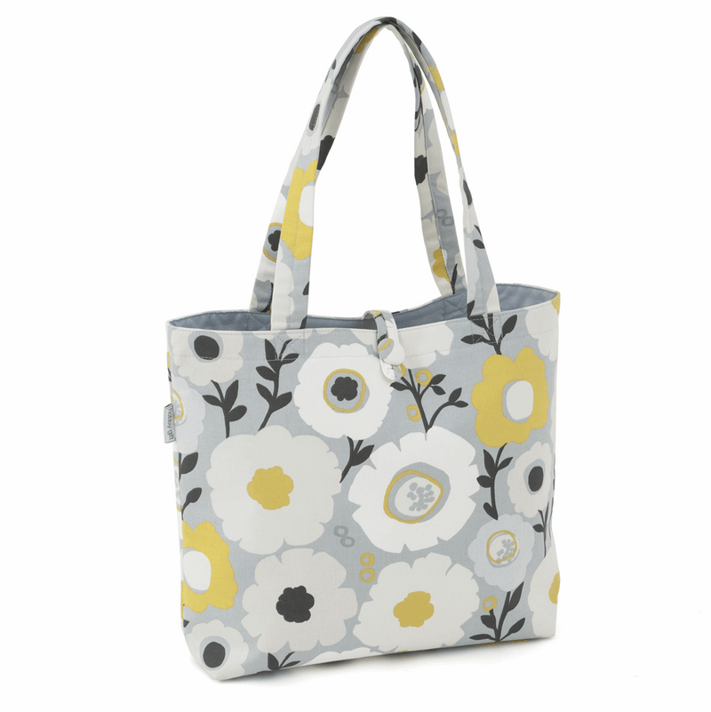 Craft shoulder bag in grey scandi-style floral with yellow and white funky flowers