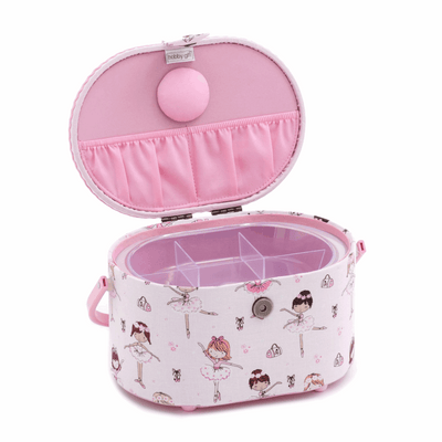 Oval Sewing Basket in Appliqué Ballerina print with cute, pink children's ballerinas and ballet shoes