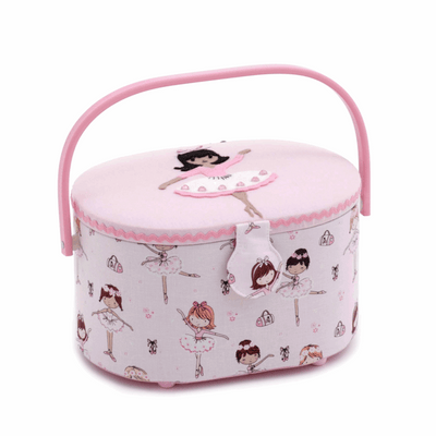 Oval Sewing Basket in Appliqué Ballerina print with cute, pink children's ballerinas and ballet shoes
