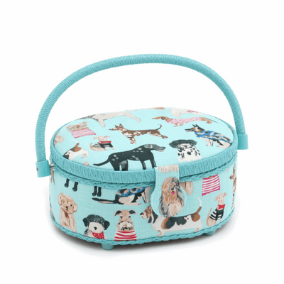 Oval Sewing Basket with fun blue Dogs in Jumpers print