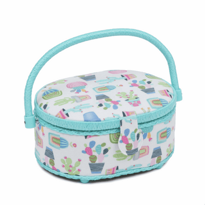 Oval Sewing Basket in Cactus Party with fun blue, pink and green cacti