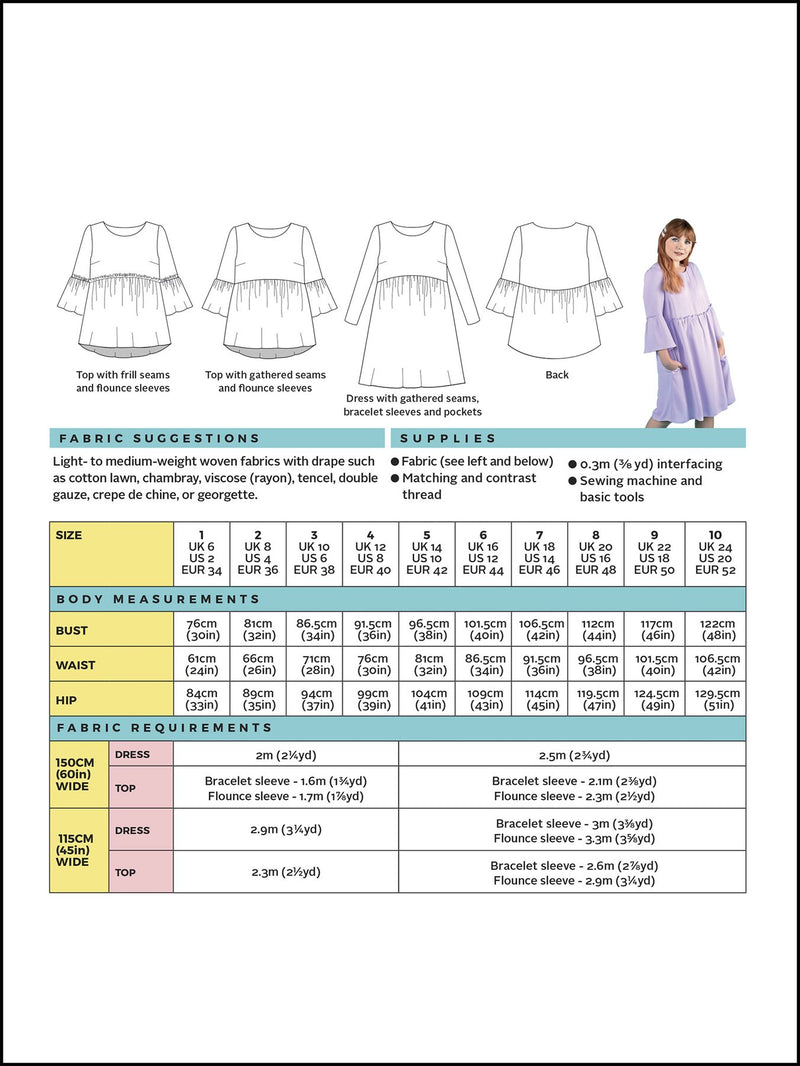 Indigo Top and Dress Sewing Pattern by Tilly and the Buttons size guide