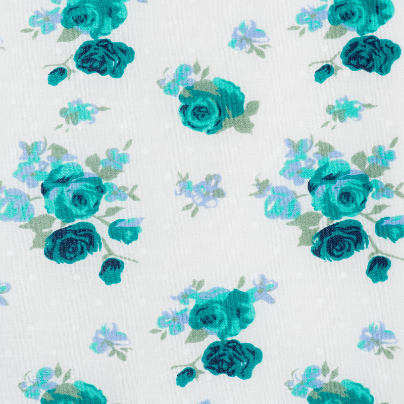 Swatch of vintage rose bouquets print on polycotton fabric in green and ivory