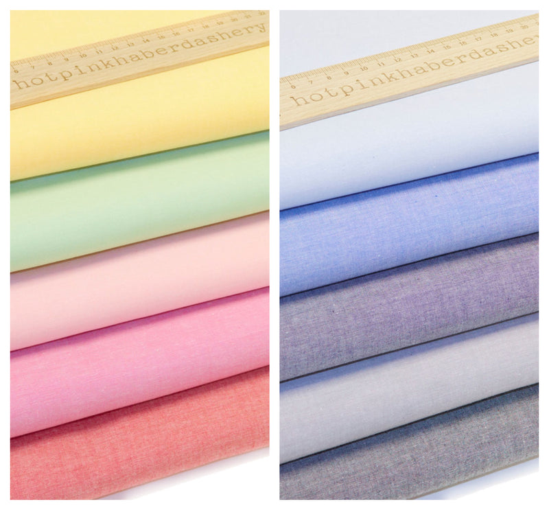 Yarn dyed 100% cotton chambray soft fabric in Yellow, Mint, Pink, Fuchsia, Red, Pale Blue, Royal Blue, Navy, Grey & Black.