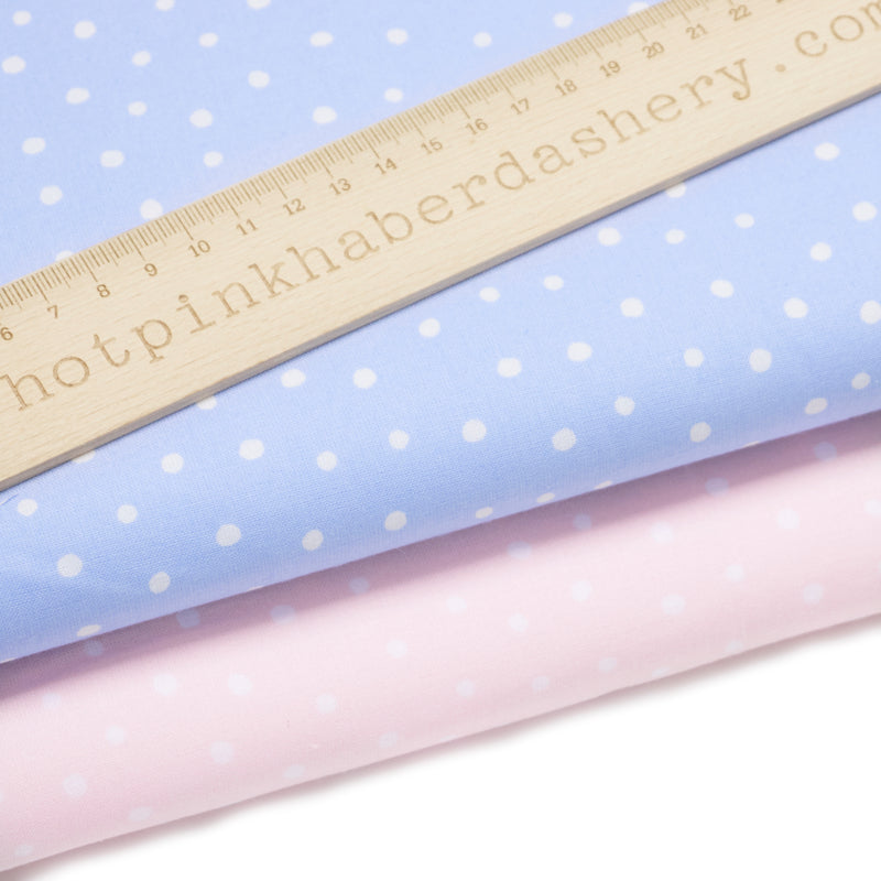 Baby blue and pink with cute white spots on 100% organic cotton by John Louden