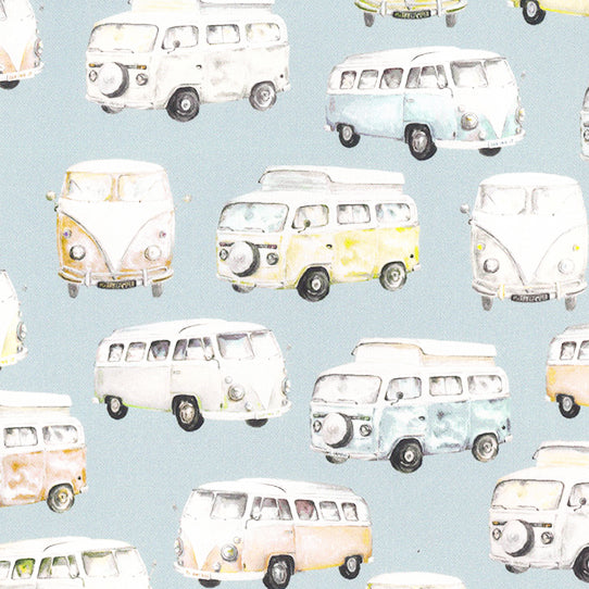 Swatch of Pastel campervans 100% cotton canvas fabric by John Louden