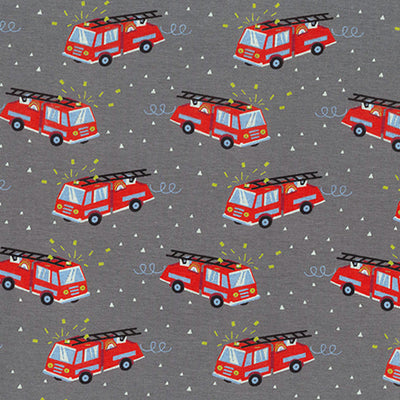 Swatch of fun, children's illustrated red fire engines printed on jersey fabric by John Louden in grey