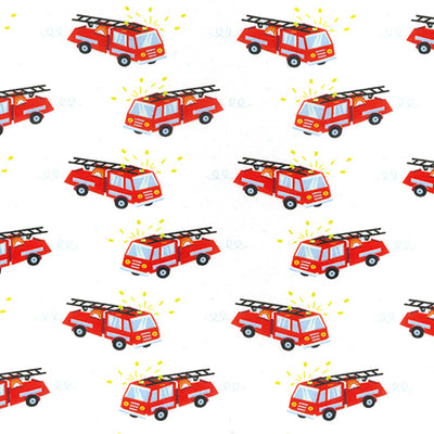 Swatch of fun, children's illustrated red fire engines printed on jersey fabric by John Louden in ivory